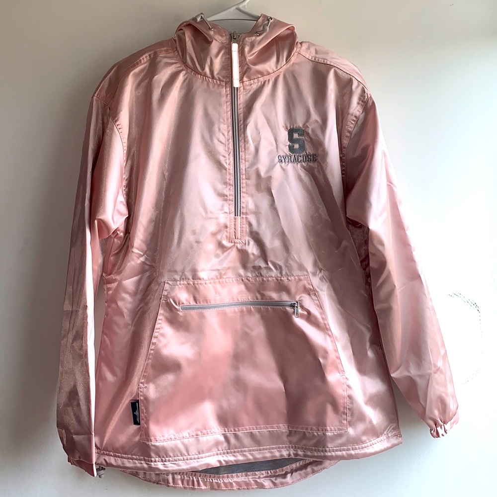 SATIN ROSE GOLD SYRACUSE HOODED HALF ZIP PULLOVER WINDBREAKER WITH DRAWSTRINGS